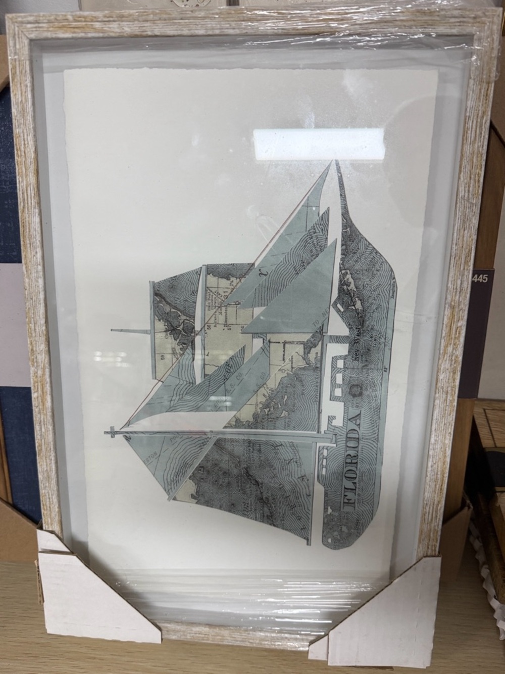 Framed Nautical Sailboat Art Print in Muted Teal and Cream